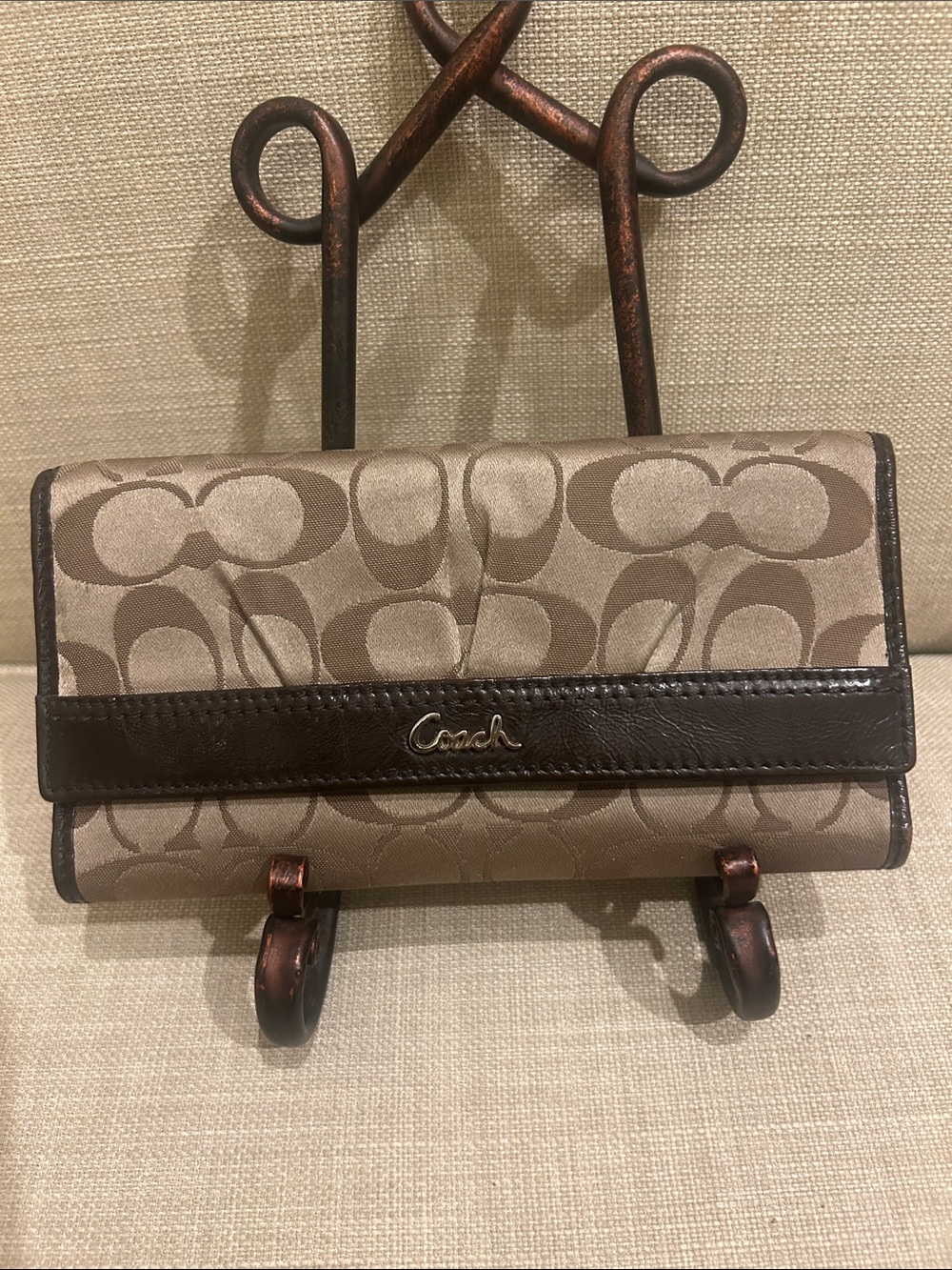 Coach Ashley Signature C Jacquard Tan & Brown Canvas Trifold Wallet